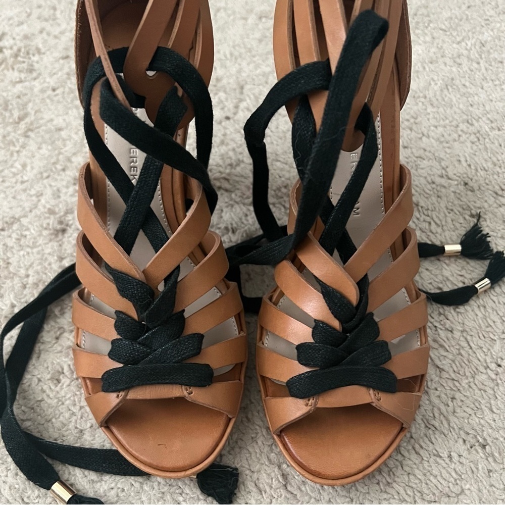 Derek Lam Size 7 Light Brown Lace Up Cage 4” Wood Cone Heel Sandals Like New - Picture 8 of 11